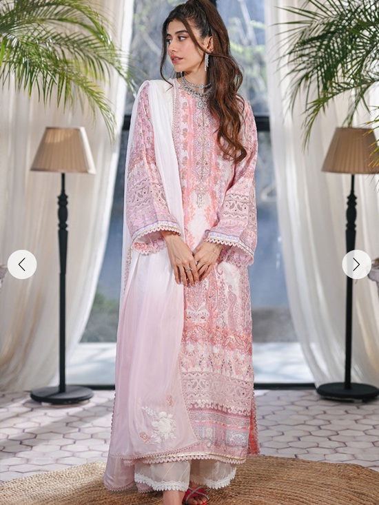 Ansab Jahangir Dresses & Skirts - Embroidered Pastel Pink Lawn Suit with White Dupatta